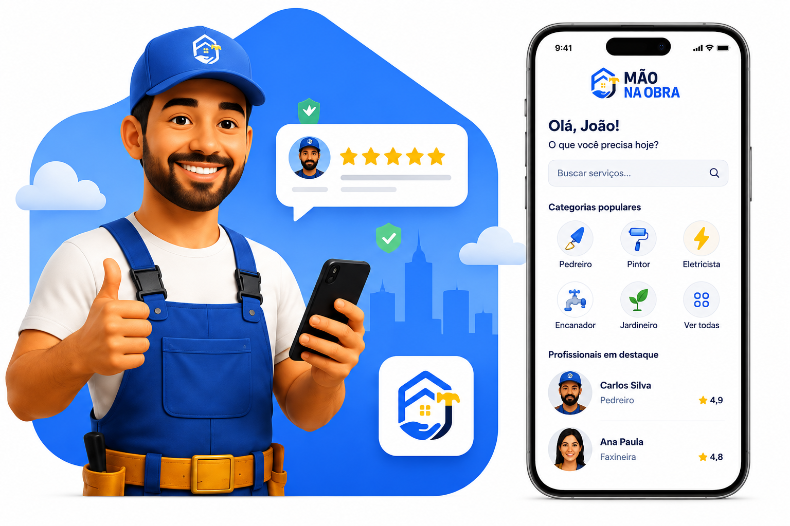 Aplicativo Mão na Obra em um celular, mostrando categorias de serviços